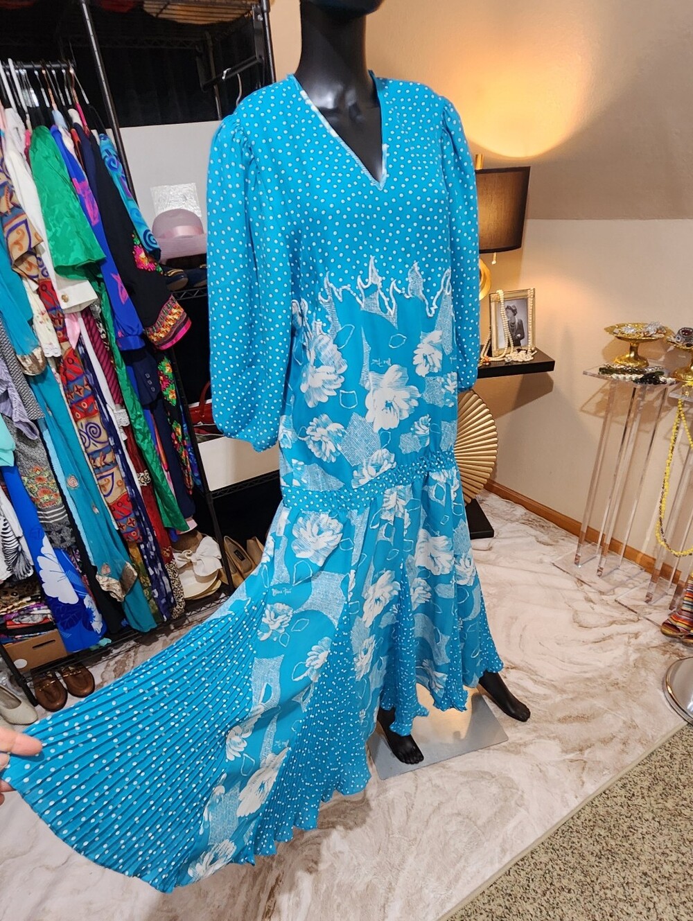 DIANE FREIS Vintage 80s Teal Blue Floral & Polka Dot V-Neck Maxi Dress